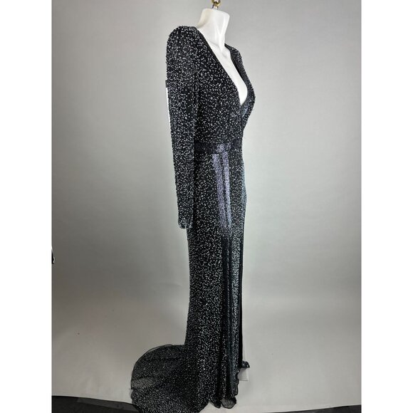 Mac Duggal Black Silver V-Neck Long Sleeve Embellished Dress size 4 NWT 4900D - Picture 5 of 13